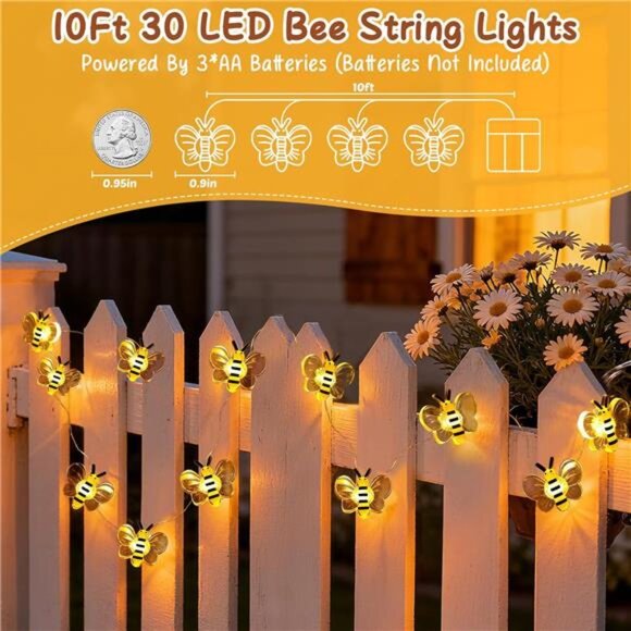 Bee String Lights 10ft 30 LED Battery Operated Fairy Lights Room Decor Gift - Picture 2 of 7